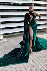 Sexy Dark Green High Neck Side Slit Sleeveless Velvet Prom Dress